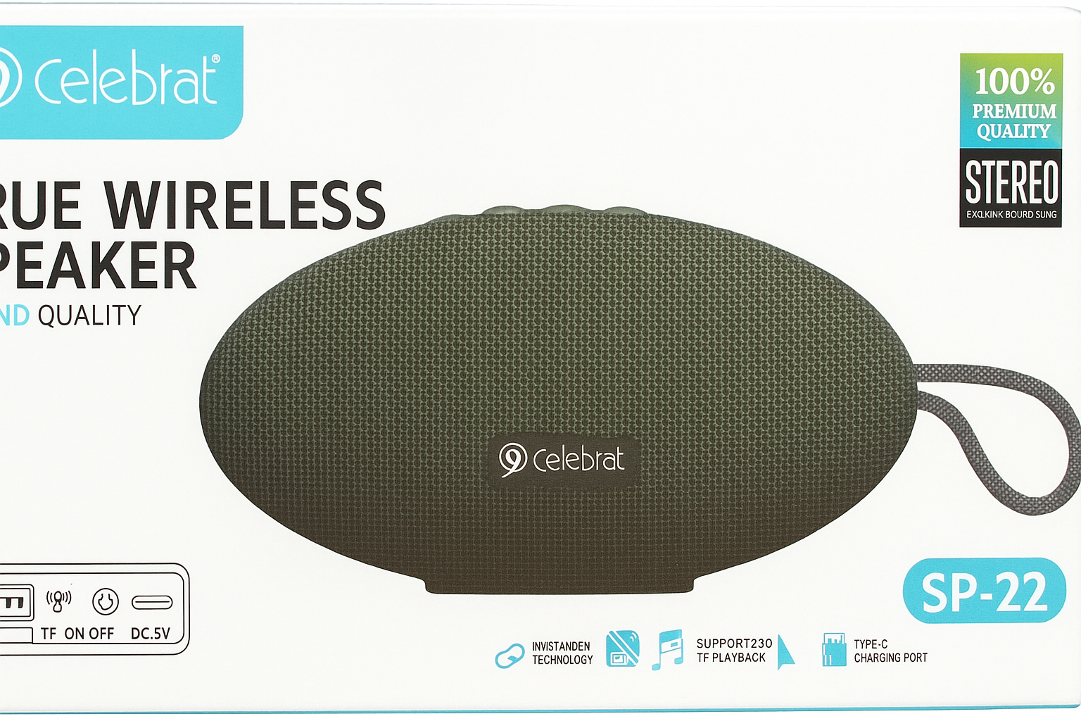 Parlante SP-22, cable de carga tipo C, manual de usuario.